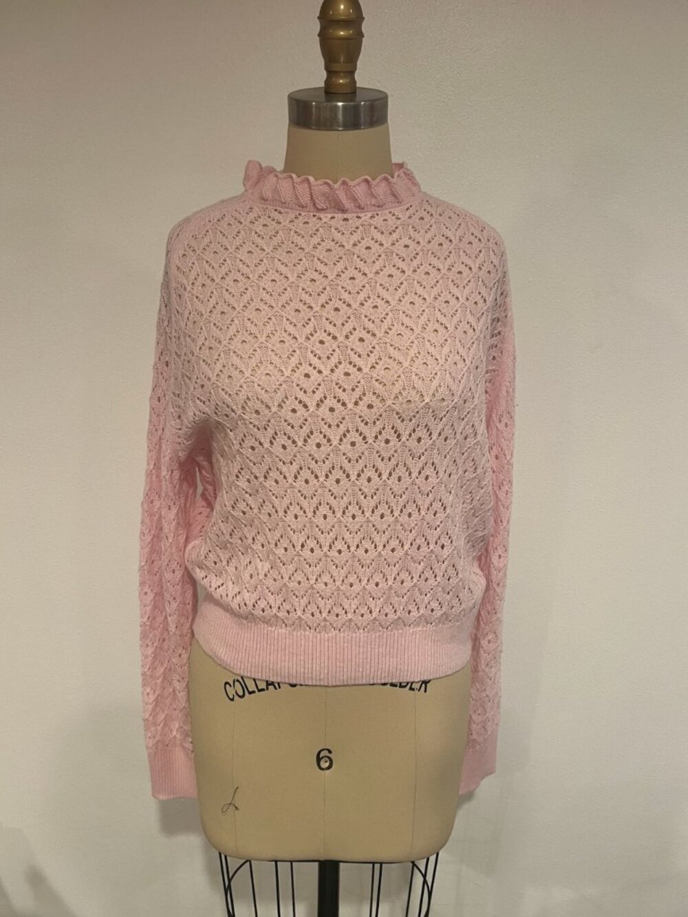 Maje Paris Blush Pink Lace Knit Ruffle Neck Sweater NWT